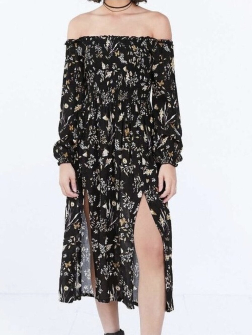 Black Floral Long Sleeve Midi Dress - Women's